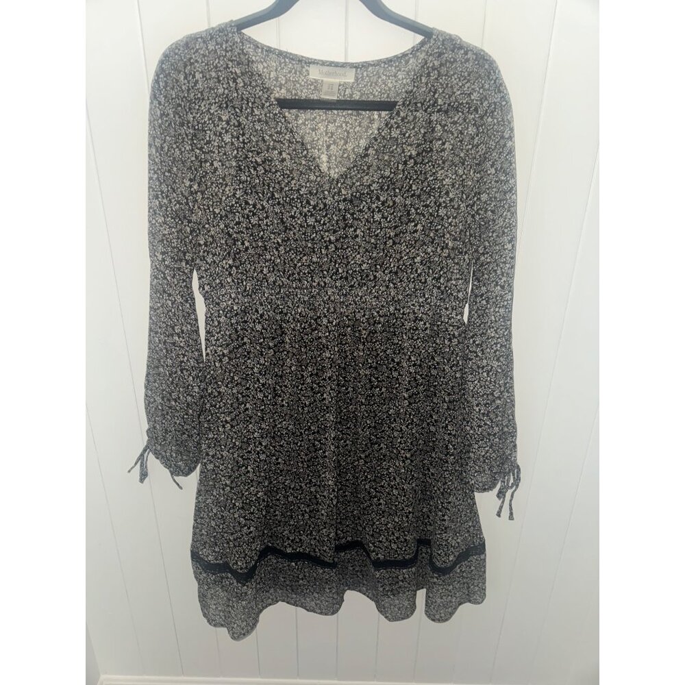 Motherhood Maternity Medium Long Sleeve Black Tan Sheer Slip Flower Dress - Med